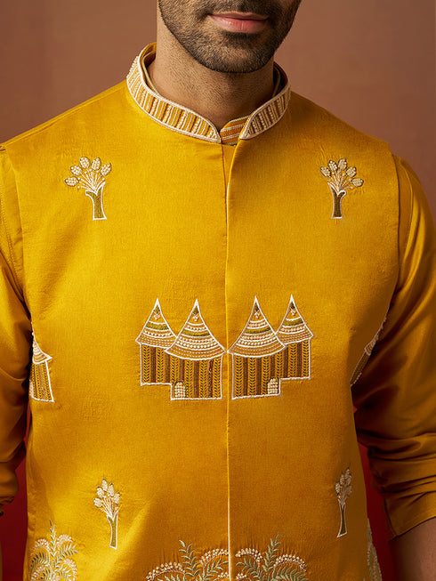 Men Mustard Silk 3-Piece Nehru Jacket Set